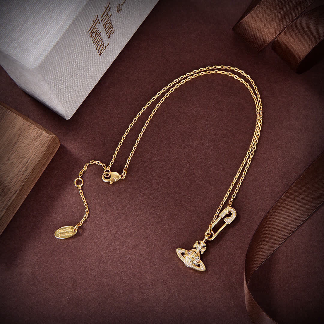 Vivienne Westwood Gold Tone Safety Pin & Hat Pendant Necklace